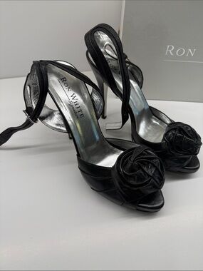 Ron White Black Leather Open-Toe Stiletto Heels with Rosette